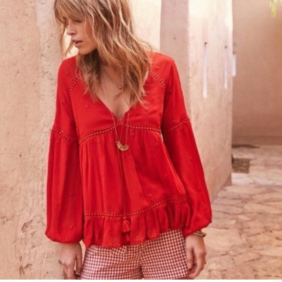 Sezane Tops - Sezane Brick Red Peasant Bohemian Long Sleeve Blouse Size 36/4